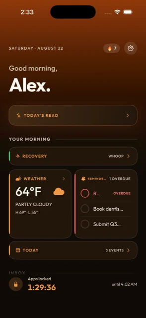 The oneTap morning brief with recovery, weather and calendar