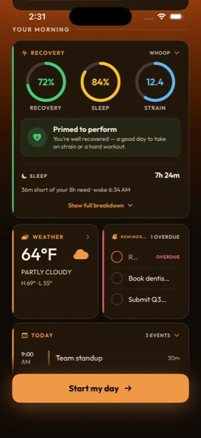 The morning brief with recovery rings, weather and reminders